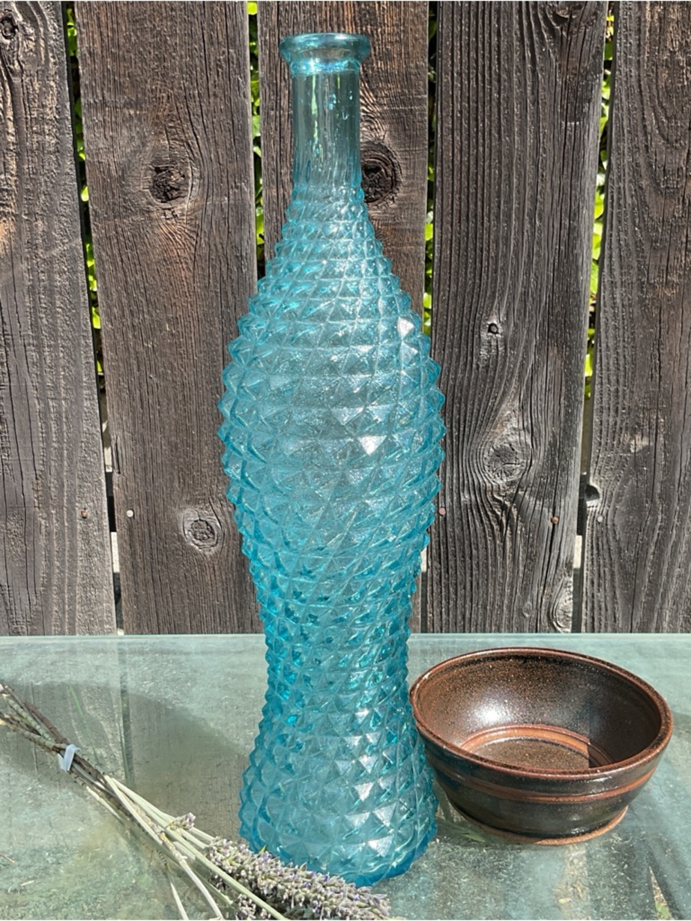 VTG Empoli Rossini Glass Diamond Point Aqua Blue Genie Bottle 16" Italy MCM